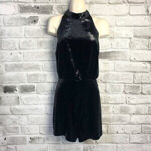 Lush Black Shimmery Velvet Backless Halter Romper NWT